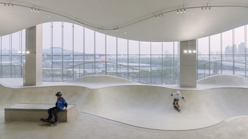 Indoor skatepark with glass walls