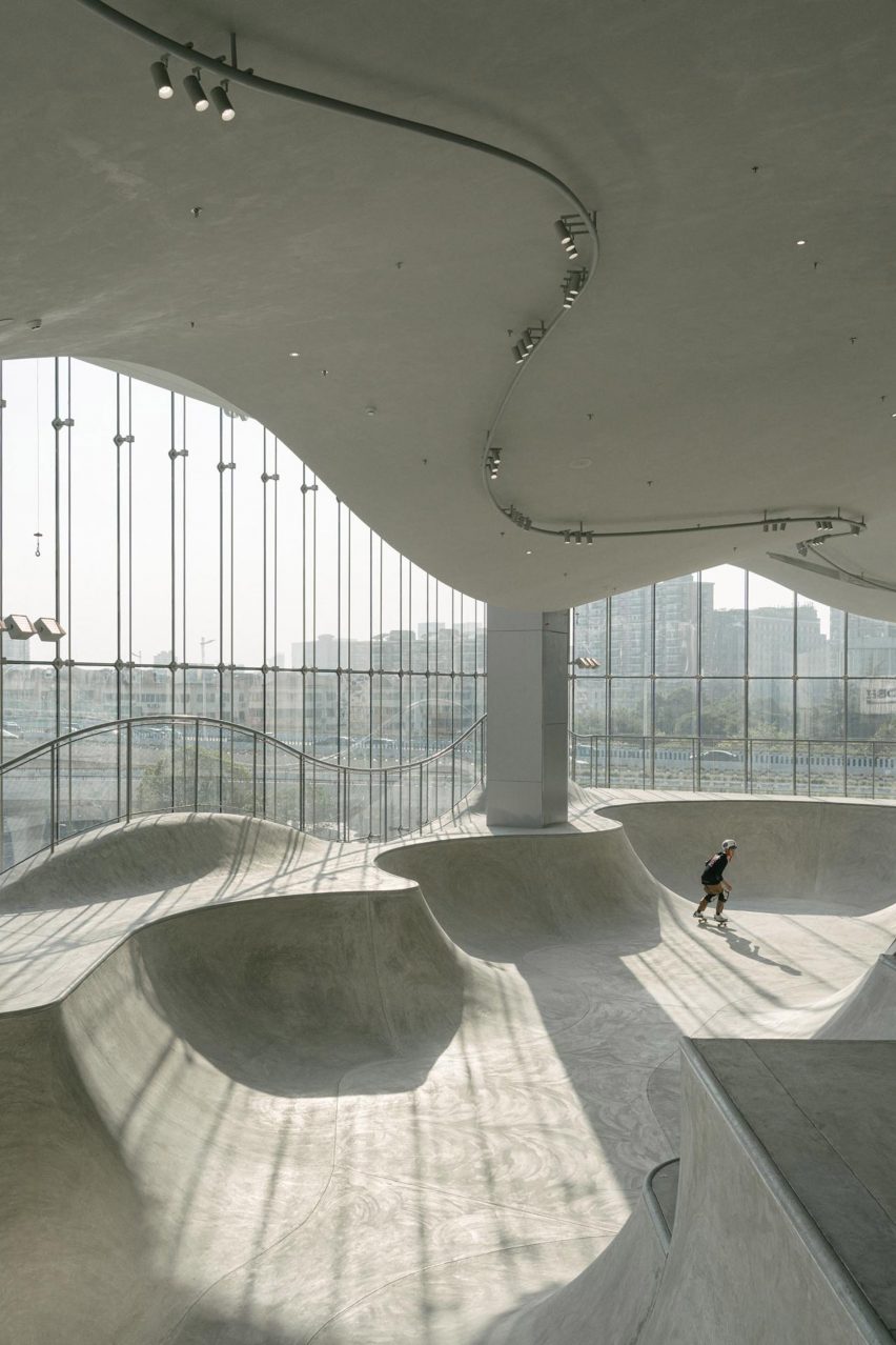 Indoor skatepark with glass walls