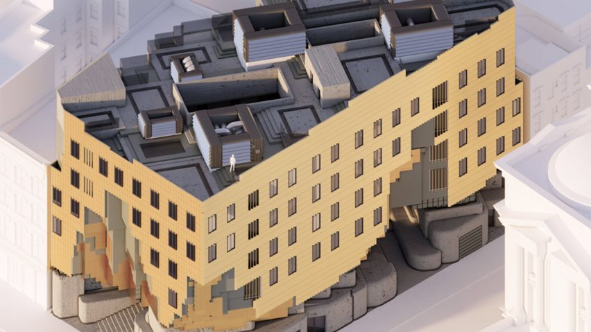 a visualisation of a building in tones of yellow and grey