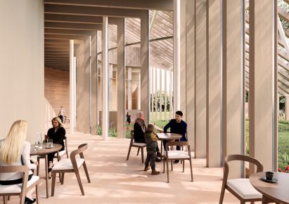 Render of people sitting in museum cafe