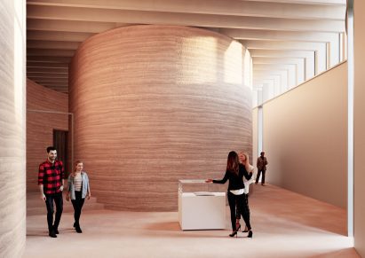 Textured interior of museum by Kéré Architecture