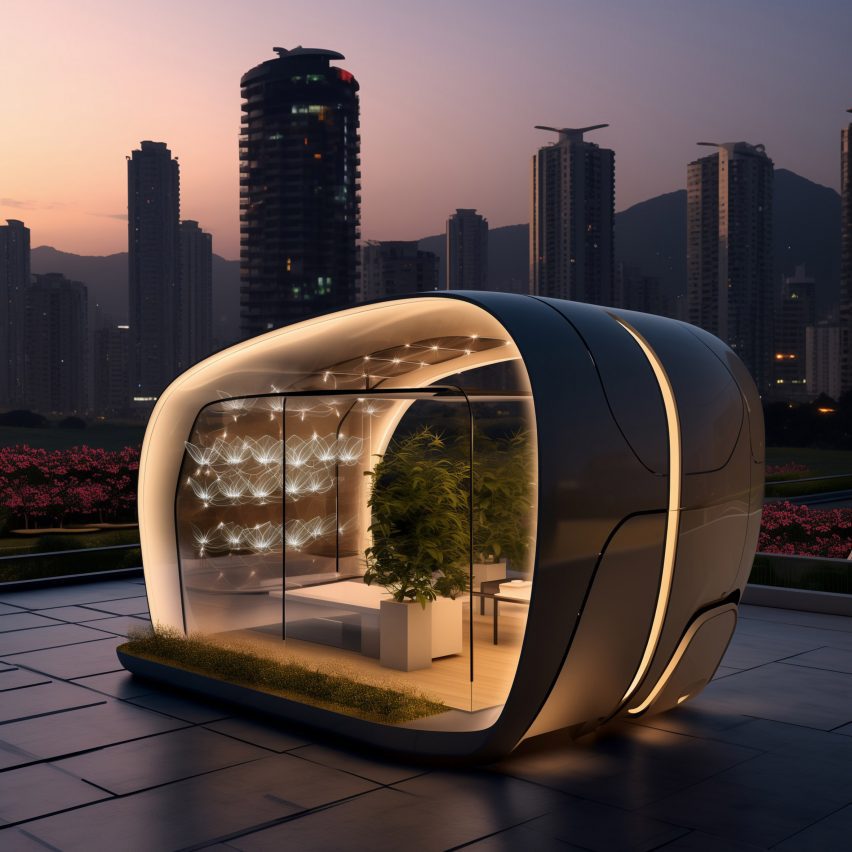 a photograph of a circular pod, placed outside