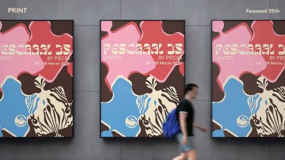an image of posters on a wall, in tones of brown, pink, red and blue