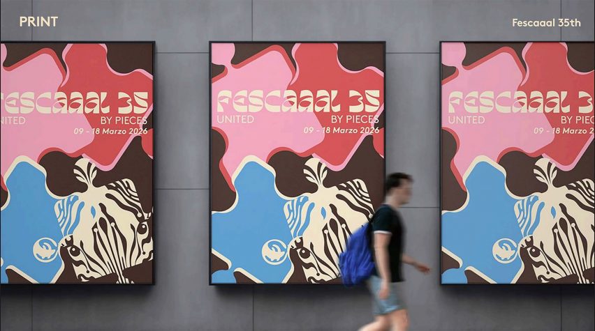 an image of posters on a wall, in tones of brown, pink, red and blue