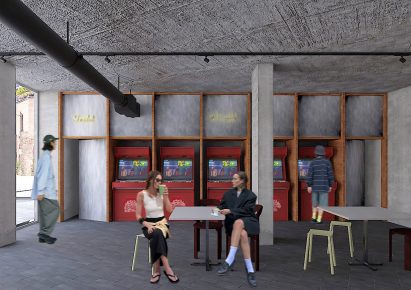 a visualisation of a cafe in tones of grey, white and red, with people in the space