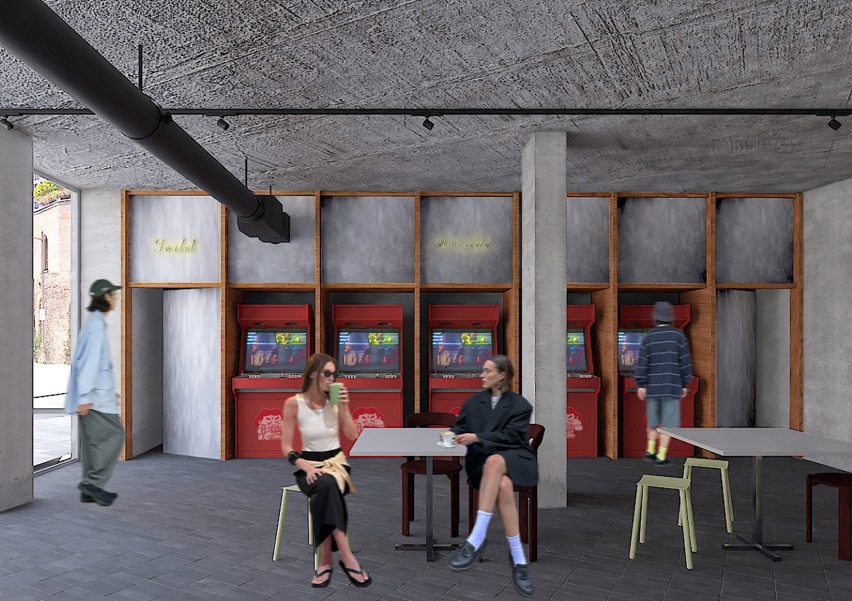 a visualisation of a cafe in tones of grey, white and red, with people in the space