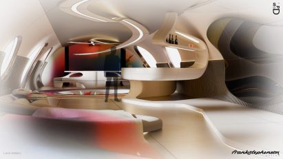 a visualisation of a room in tones of beige, red and brown