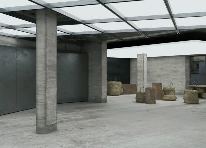 a visualisation of a room in tones of grey