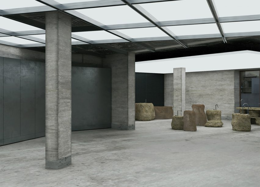 a visualisation of a room in tones of grey
