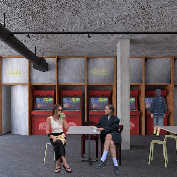 a visualisation of a cafe in tones of grey, white and red, with people in the space