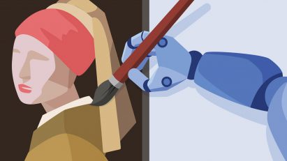 Illustration of robot hand drawing a painting