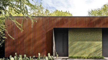 Windowless front facade at a home in Austin