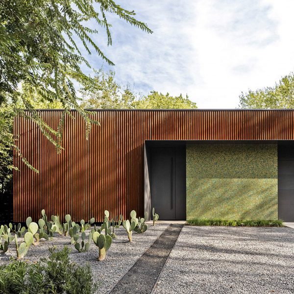Windowless front facade at a home in Austin