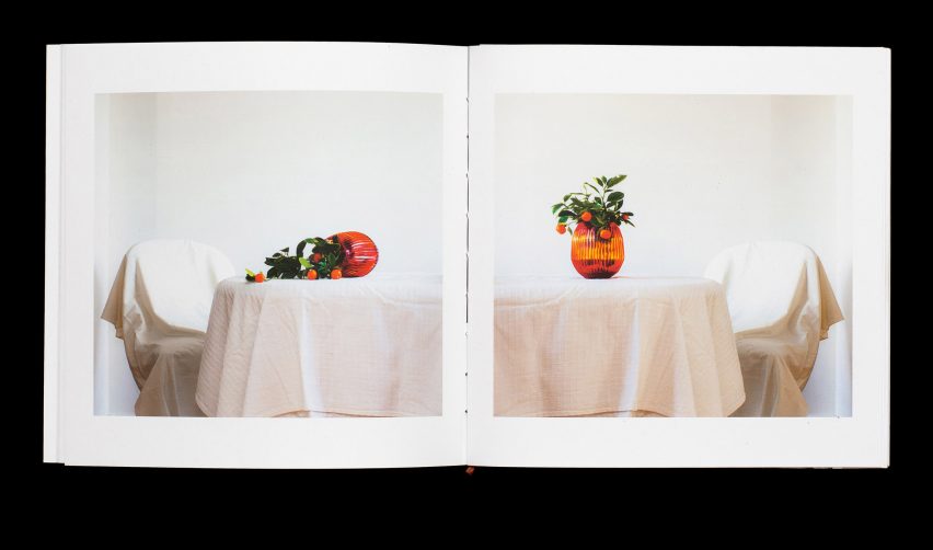 a double page spread of an open book, showing photographs of vases on a table
