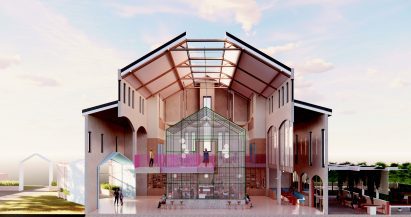 a visualisation of a building in tones of beige and pink