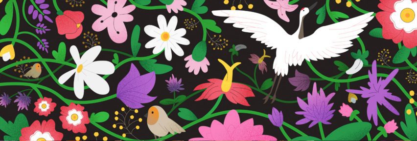 a floral illustration in tones of green, purple, white, red and black
