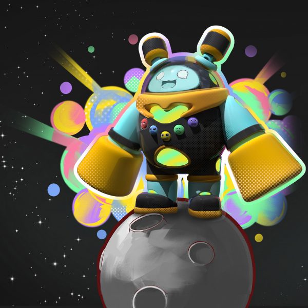 an image of a character in tones of orange, blue, pink, purple and grey