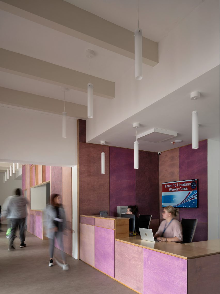 Pink plywood reception desk