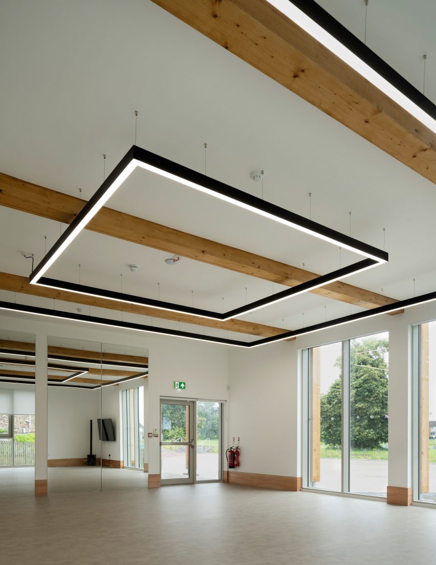 Suspended LED lights in dance studio