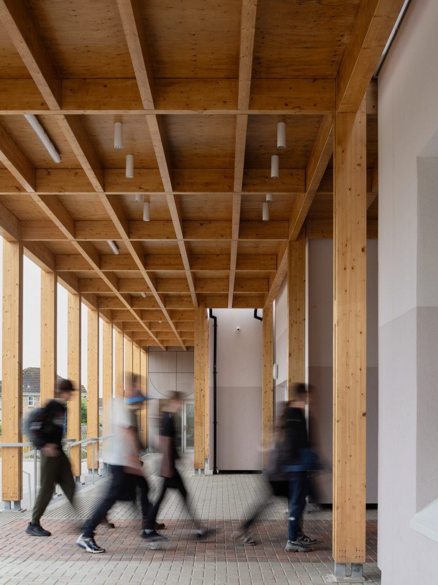 Timber colonnade outside performing arts centre