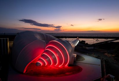 Illuminated Pasona Natureverse Pavilion at the Osaka Expo