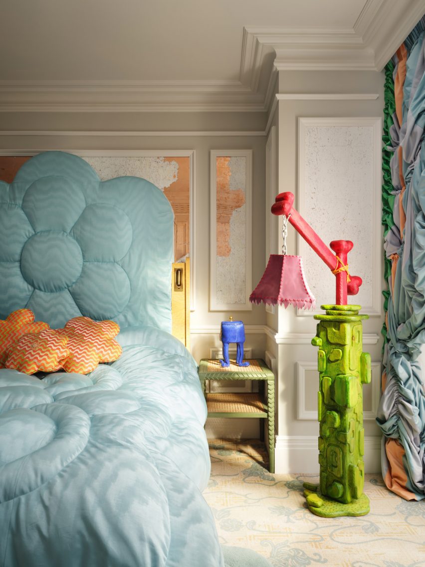 Bed with unusal green bedtable