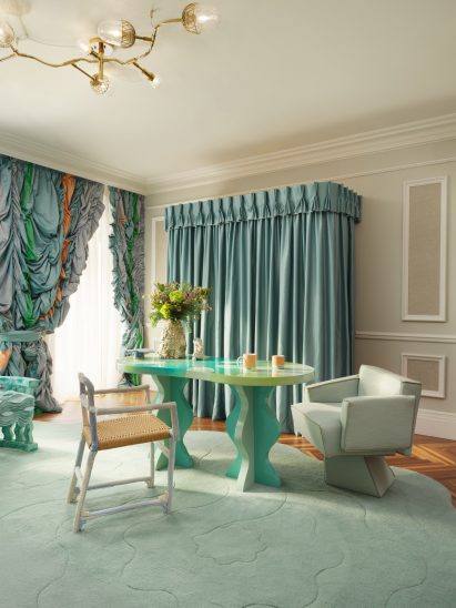 Turquoise table in hotel room