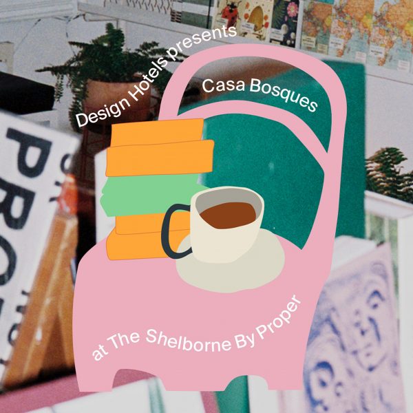 Photo of books and magazines with illustration of a chair, drink and books overlayed