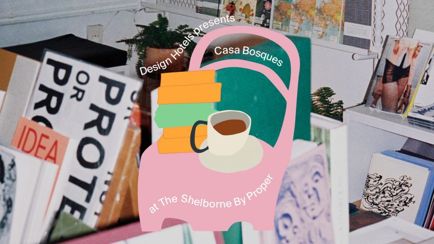 Photo of books and magazines with illustration of a chair, drink and books overlayed