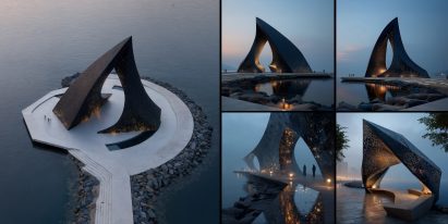 Montage of visualisations of dark, pointed monument