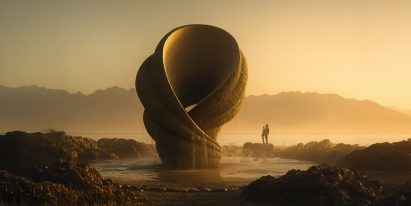 Waterfront monument with a bulbous form