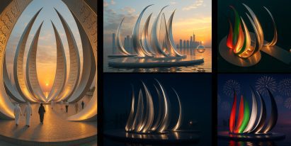 Collage of images of sail boat-like monument at different times of day