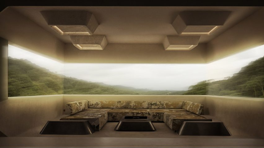 a design display featuring a sofa and window in tones of beige, brown and green