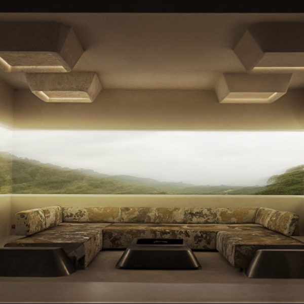 a design display featuring a sofa and window in tones of beige, brown and green