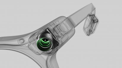 X-ray style graphic showing the inside of the Even Realities G2 glasses with a small projector in the corner of the frame