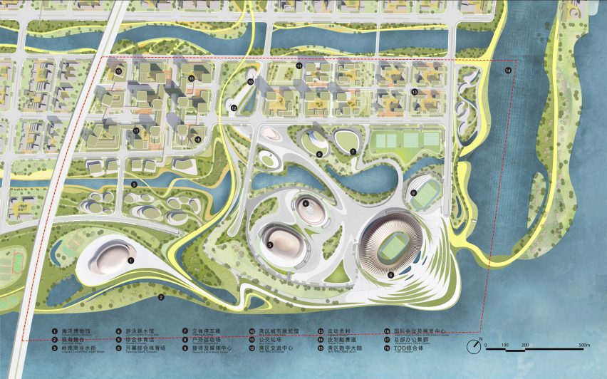 Site plan of the Greater Bay Area Sports Centre by Zaha Hadid Architects