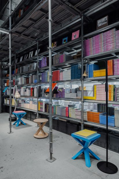 Colourful stools and books in Tokyo art space