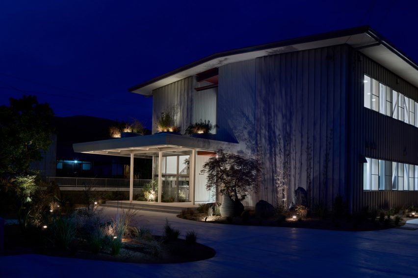 Kitaoka Group steel office building from outside at night