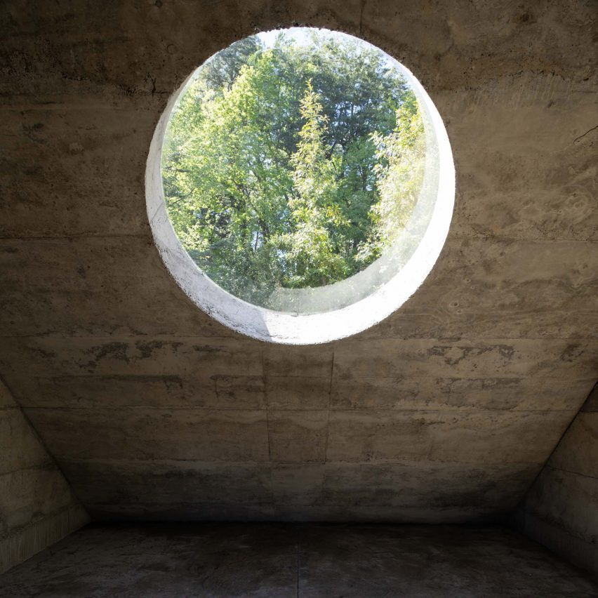 Oculus inside concrete Miel Pavilion by Pezo von Ellrichshausen