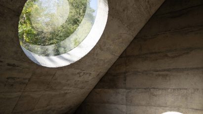 Oculus inside concrete Miel Pavilion by Pezo von Ellrichshausen
