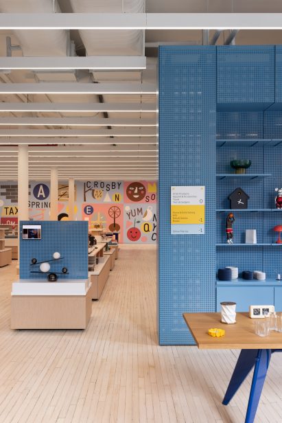 Retail space with blue perforated-metal display units