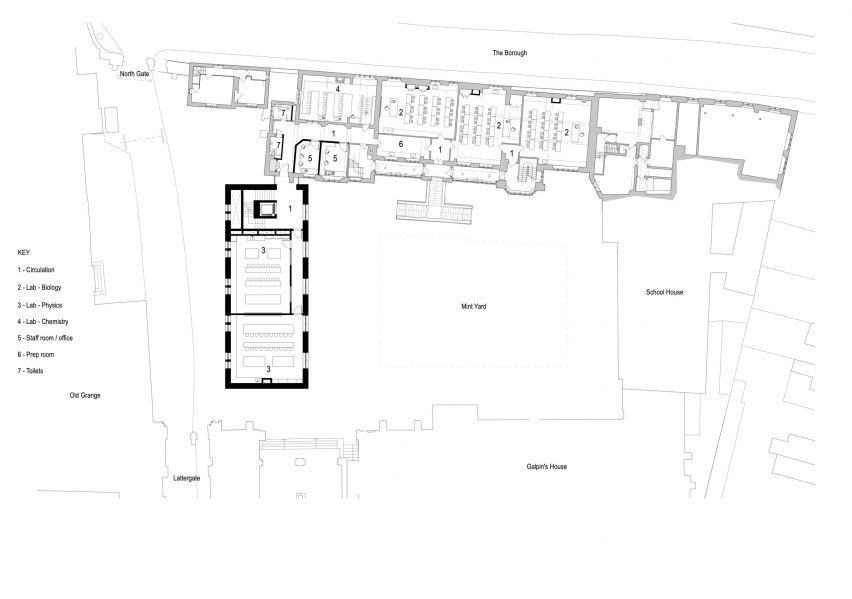 First floor plan of The Rausing Science Centre for The King's School in Canterbury by Walters & Cohen