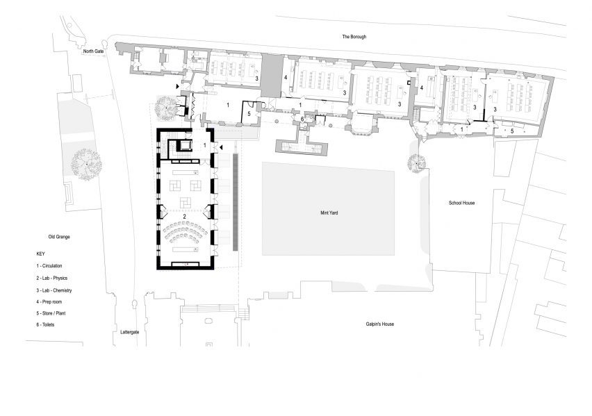 Ground floor plan of The Rausing Science Centre for The King's School in Canterbury by Walters & Cohen