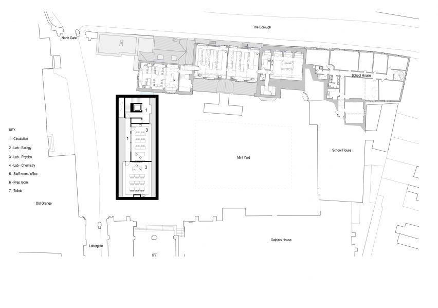 Second floor plan of The Rausing Science Centre for The King's School in Canterbury by Walters & Cohen