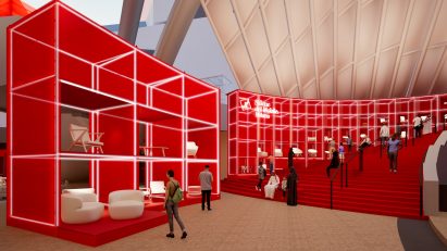 Render of red installation by Giò Forma for Salone del Mobile