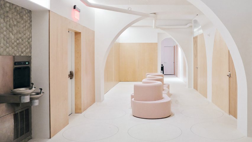 Pink sofa in spa waiting area