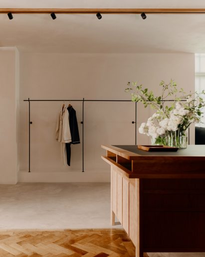 white wall and wooden cabinet