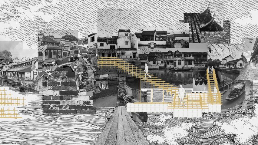 an architectural collage in tones of black, white, grey and yellow