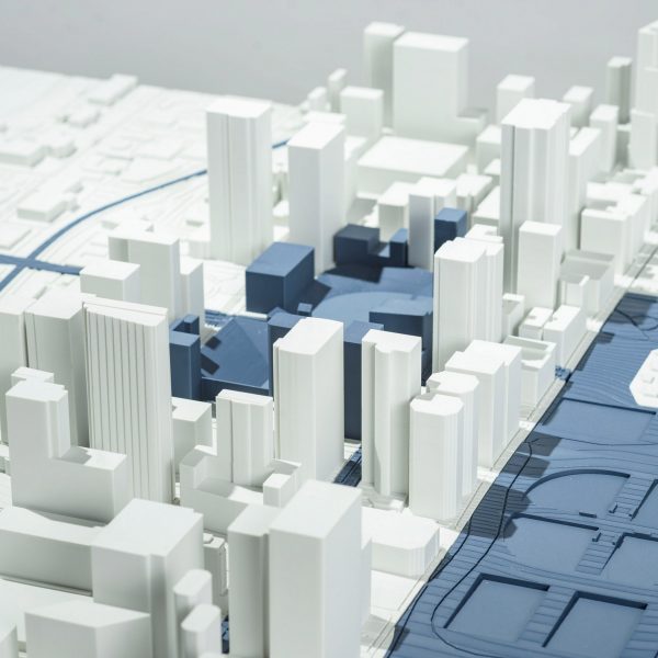 architectural model in tones of white and blue