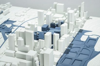 architectural model in tones of white and blue